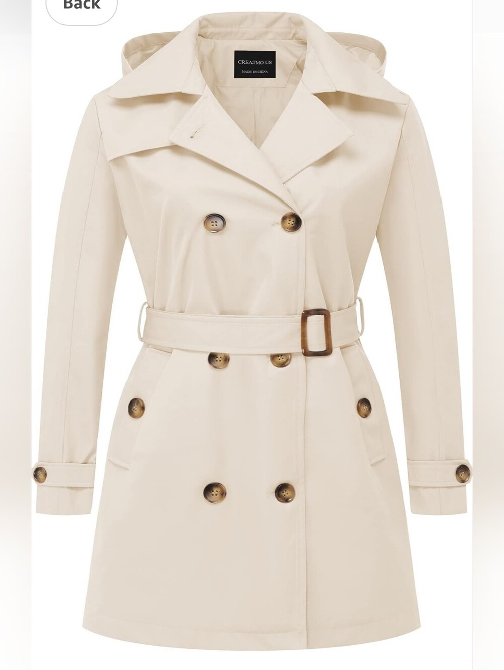 CREATMO Trench Coat Doublebreasted Lapel Overcoat Belted Detachable Hood size XL